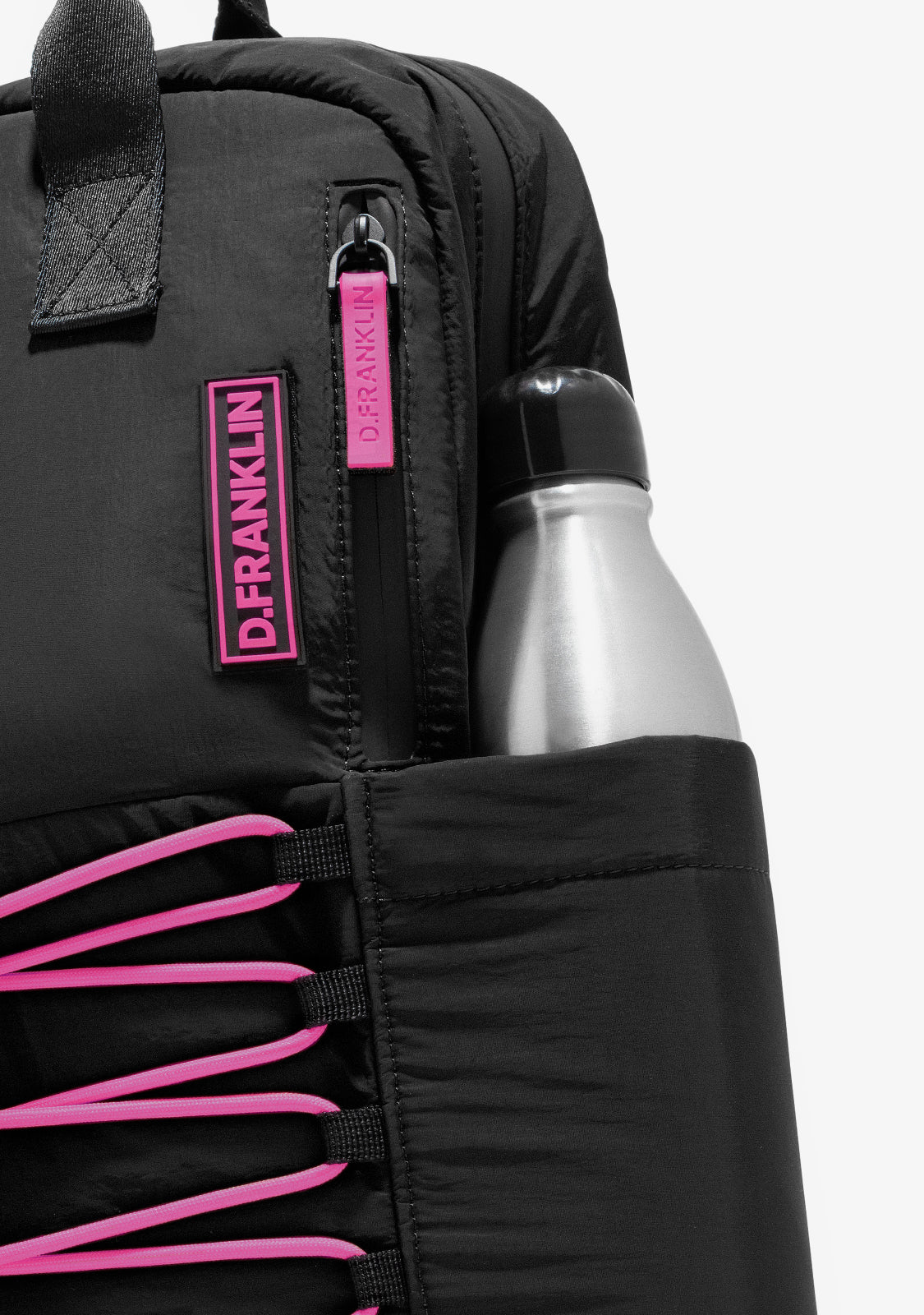 Multi-Pocket Nylon Backpack Black + Custom Set Fuchsia