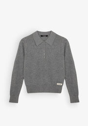 Grey Melange Fine Knit Polo Sweater